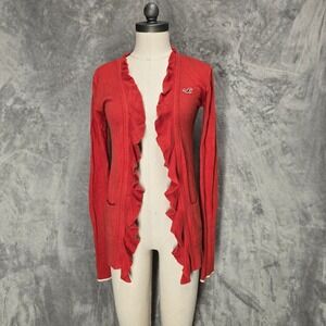 Hollister Orange Ruffle Cardigan Sweater Womens XS Long Sleeve Knit Preppy Layer